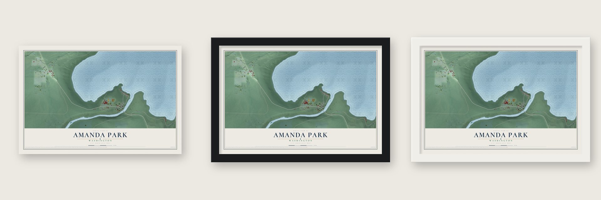 Amanda Park, Washington map unframed, in a black wood frame and in a white wood frame
