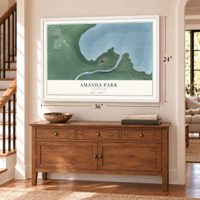 Amanda Park, Washington map, 24 x 36 inch print in a white frame above a dresser by a staircase