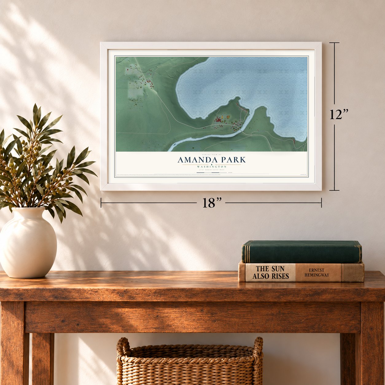 Amanda Park, Washington map, 12 x 18 inch print in a white frame in an entryway