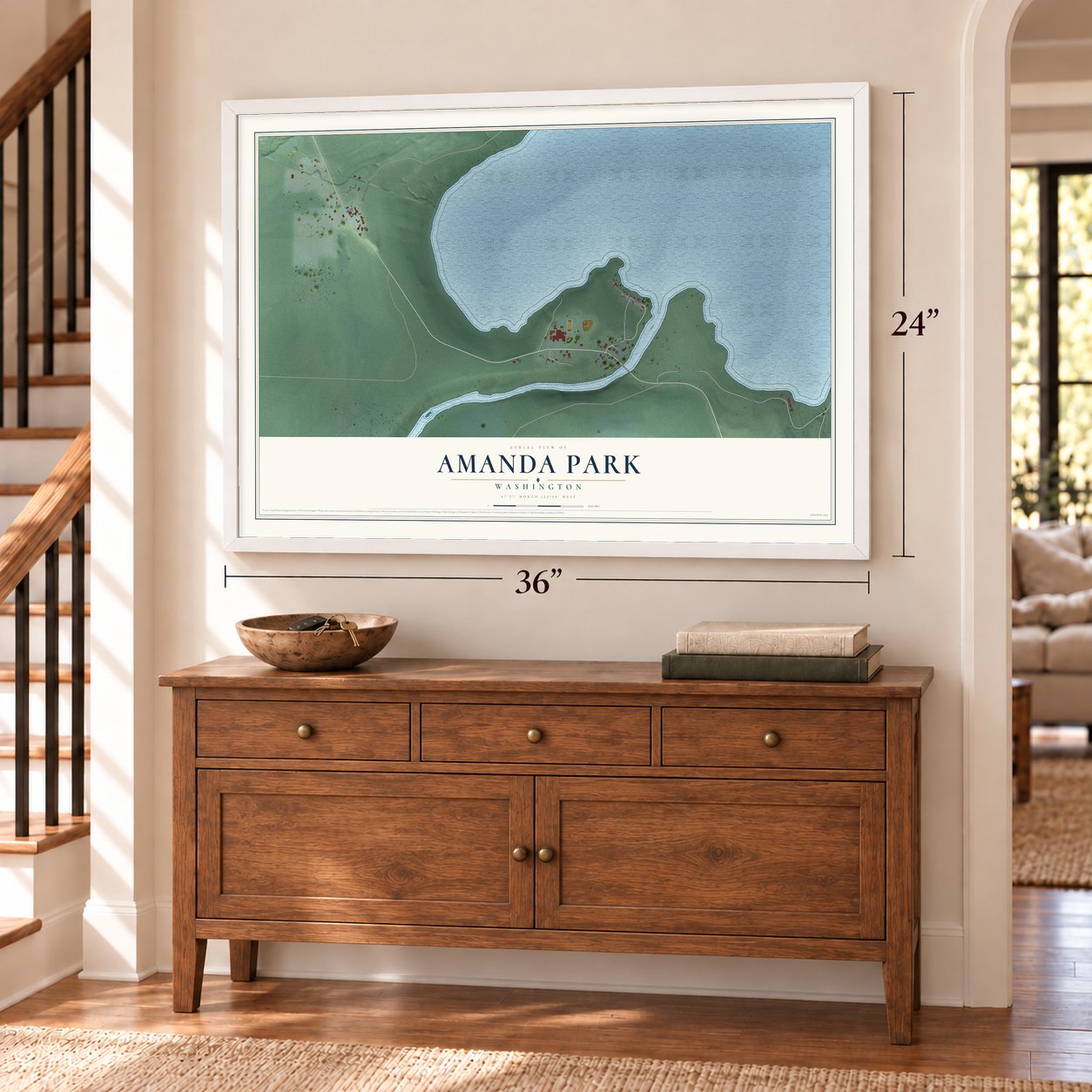 Amanda Park, Washington map, 24 x 36 inch print in a white frame above a dresser by a staircase