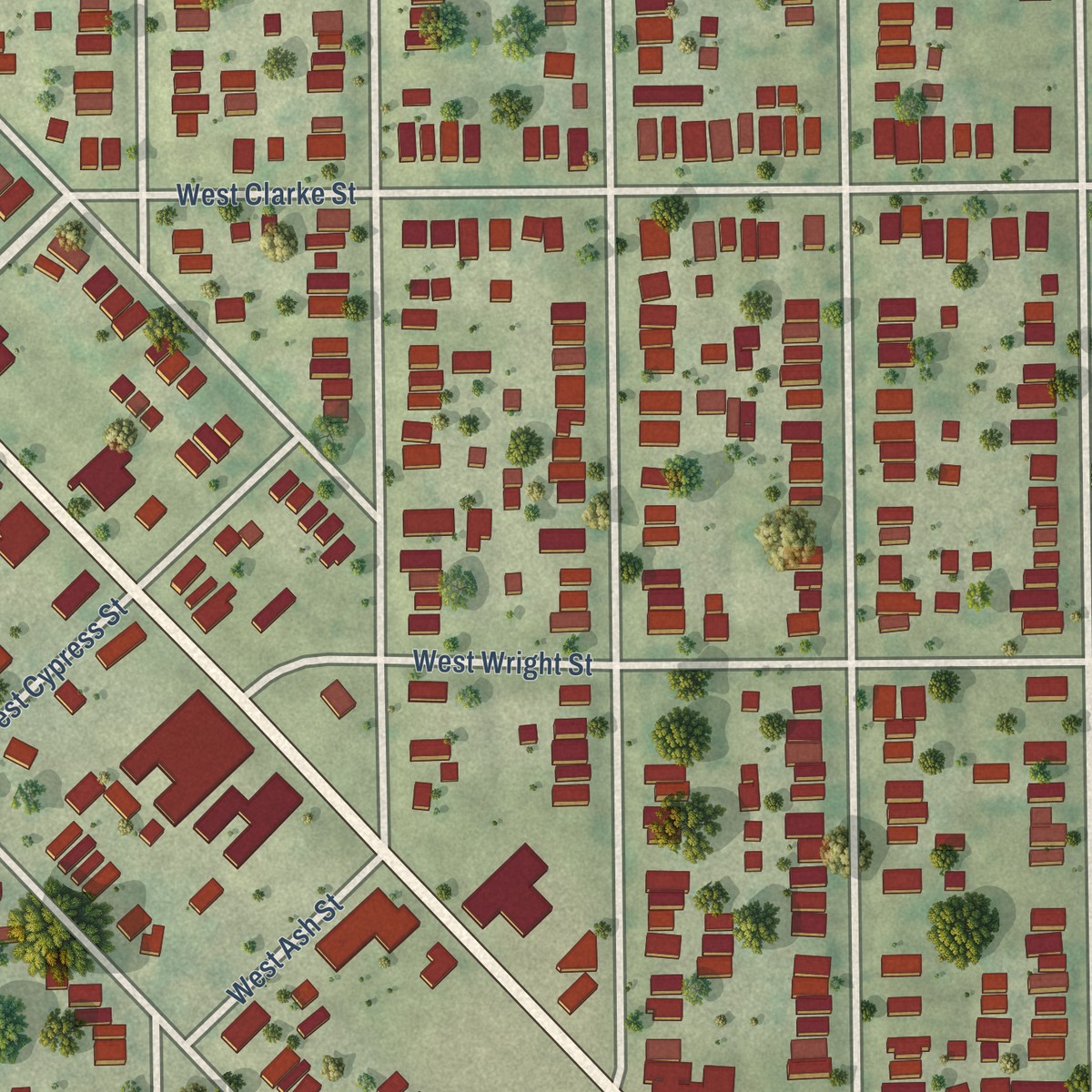Second close-up of the map of Amani, Wisconsin print showing more streets and buildings