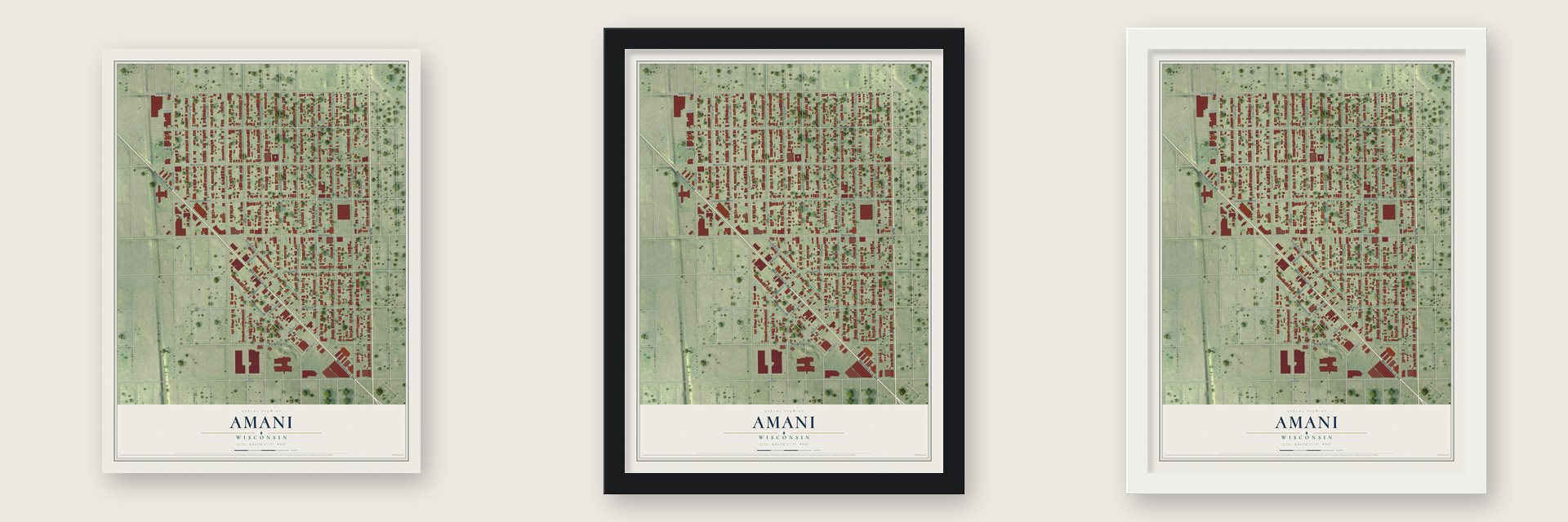 Amani, Wisconsin map unframed, in a black wood frame and in a white wood frame