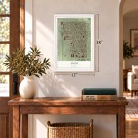 Amani, Wisconsin map, 12 x 18 inch print in a white frame in an entryway
