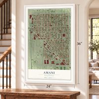 Amani, Wisconsin map, 24 x 36 inch print in a white frame by a staircase
