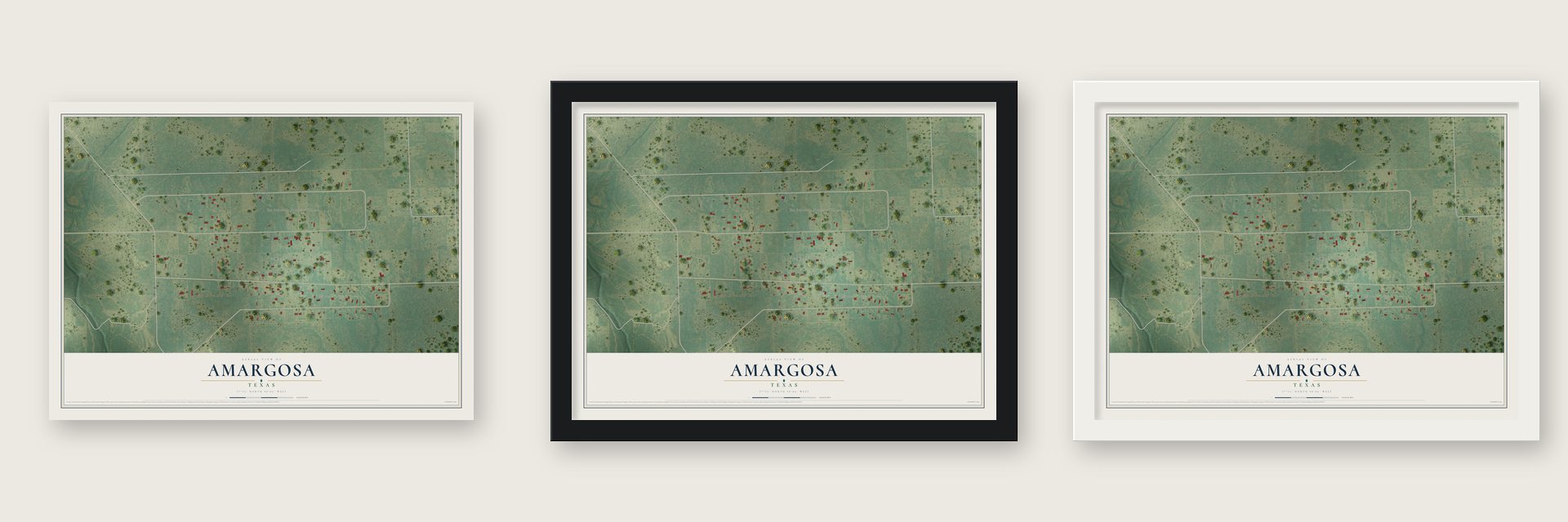 Amargosa, Texas map unframed, in a black wood frame and in a white wood frame
