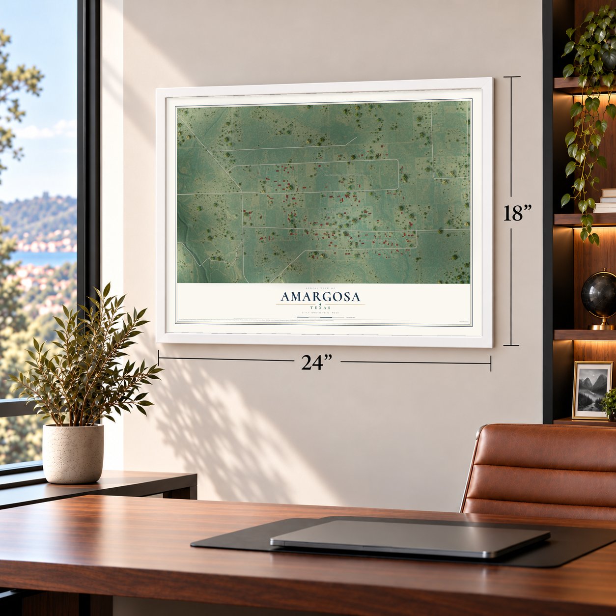 Amargosa, Texas map, 18 x 24 inch print in a white frame in a home office