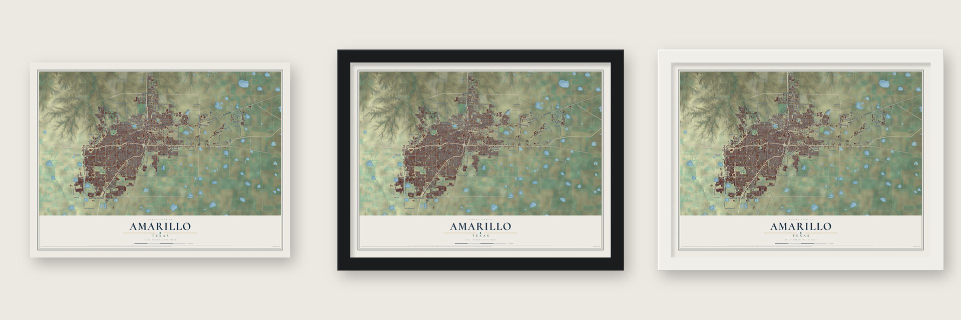 Amarillo, Texas map unframed, in a black wood frame and in a white wood frame