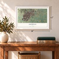 Amarillo, Texas map, 12 x 18 inch print in a white frame in an entryway