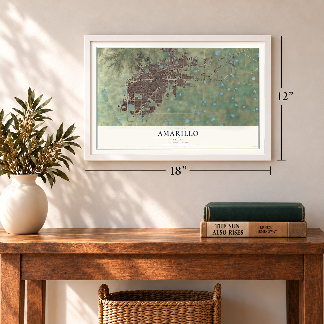 Amarillo, Texas map, 12 x 18 inch print in a white frame in an entryway