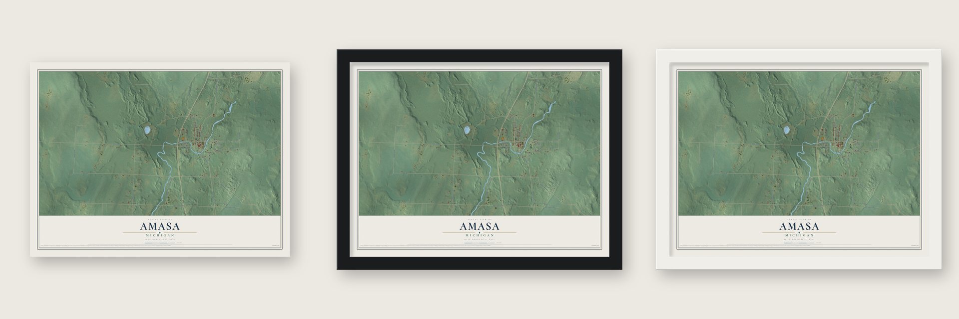 Amasa, Michigan map unframed, in a black wood frame and in a white wood frame