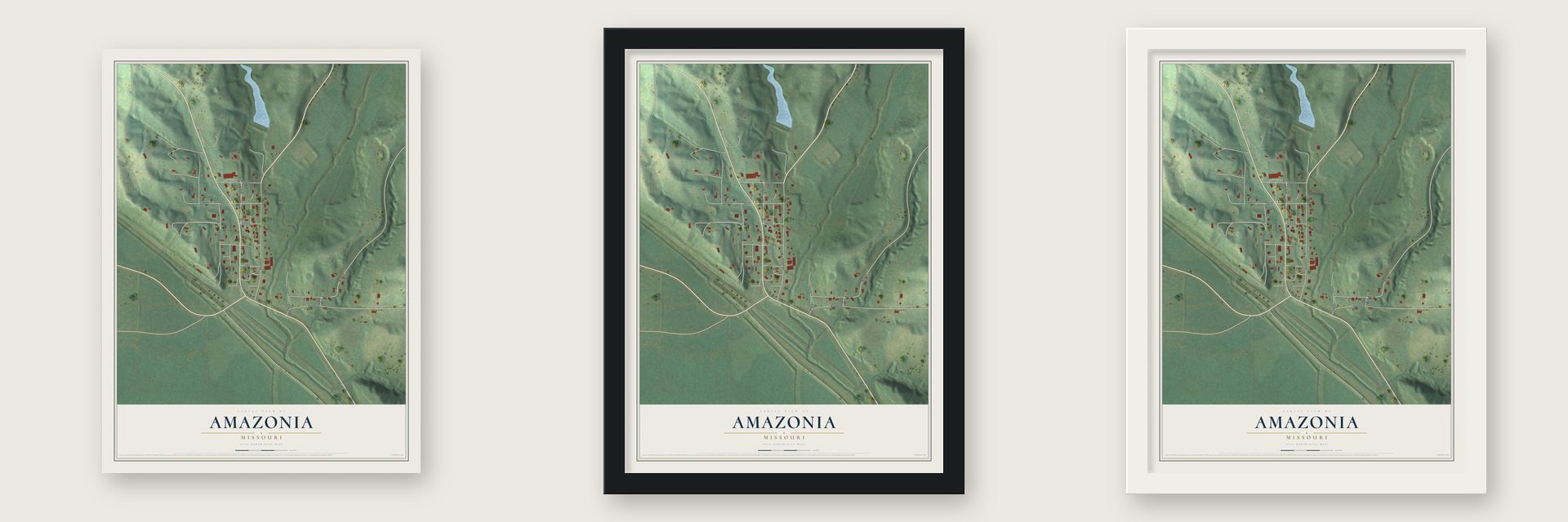 Amazonia, Missouri map unframed, in a black wood frame and in a white wood frame