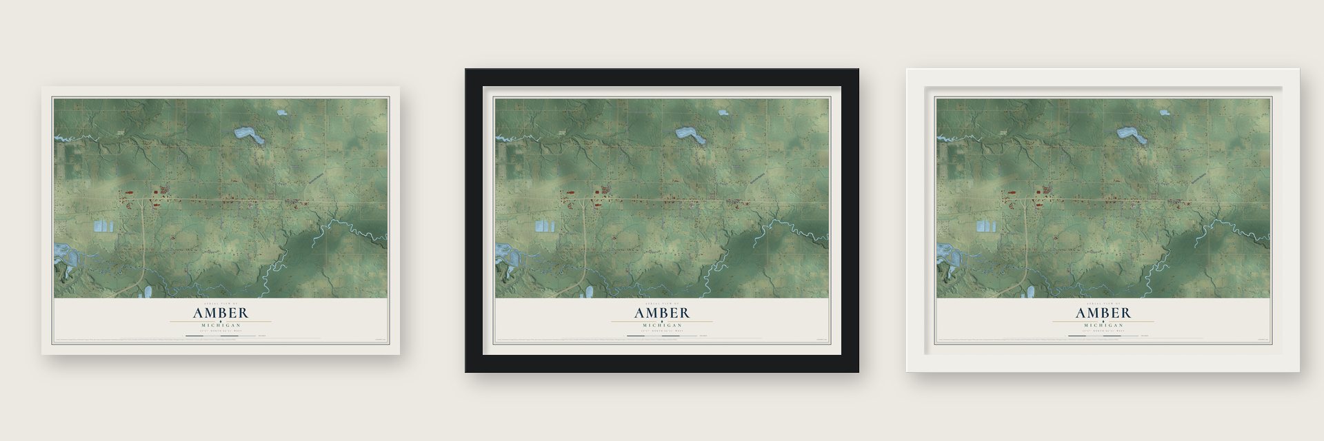 Amber, Michigan map unframed, in a black wood frame and in a white wood frame