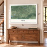 Amber, Michigan map, 24 x 36 inch print in a white frame above a dresser by a staircase