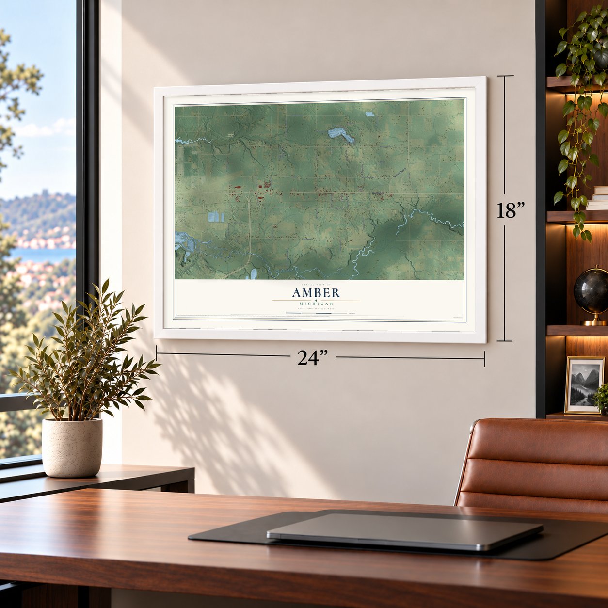 Amber, Michigan map, 18 x 24 inch print in a white frame in a home office