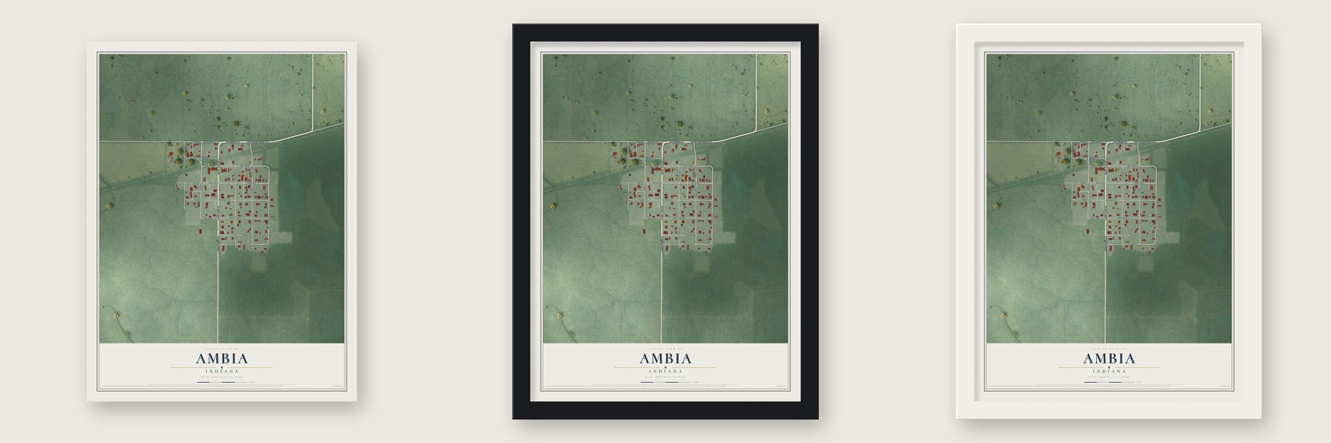 Ambia, Indiana map unframed, in a black wood frame and in a white wood frame