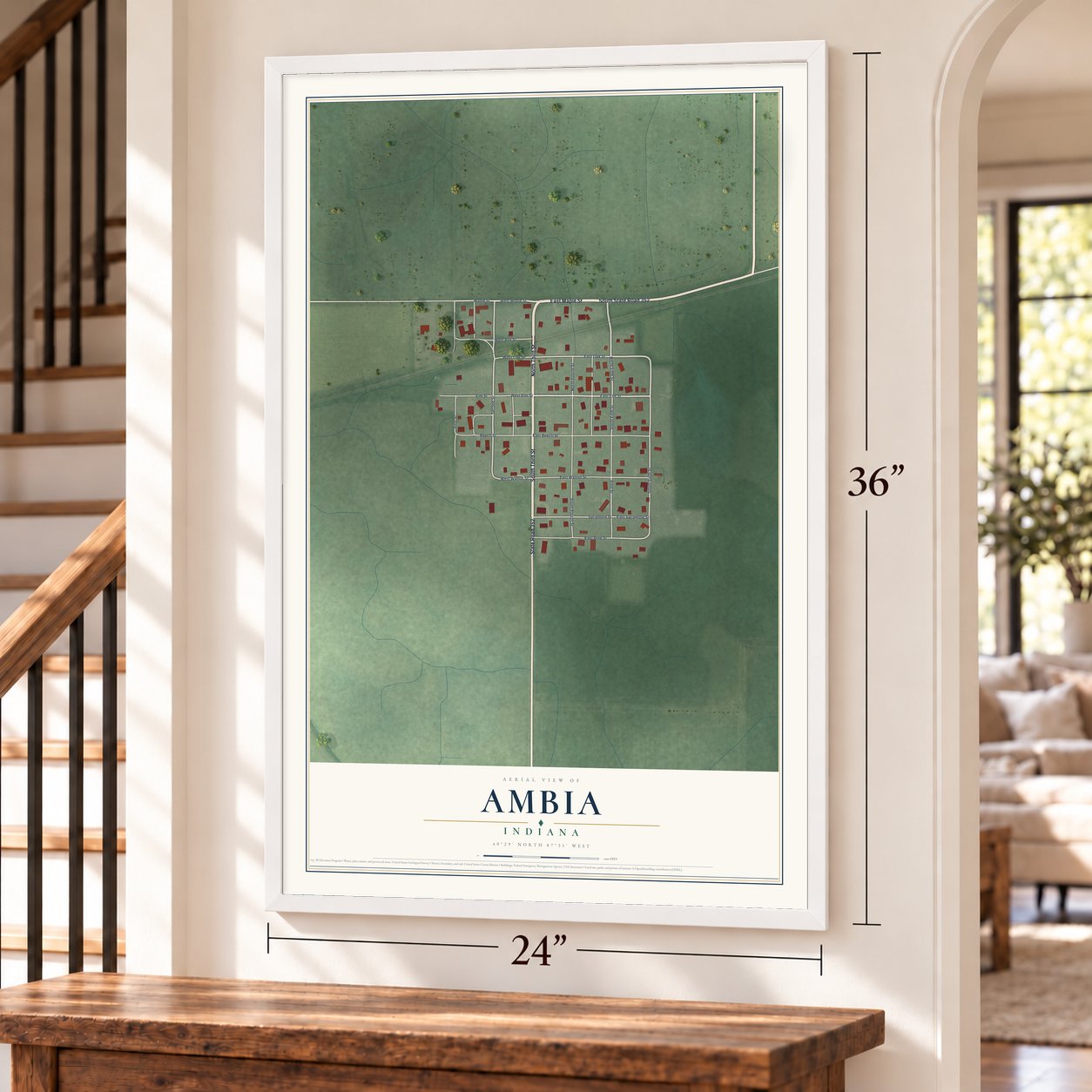 Ambia, Indiana map, 24 x 36 inch print in a white frame by a staircase