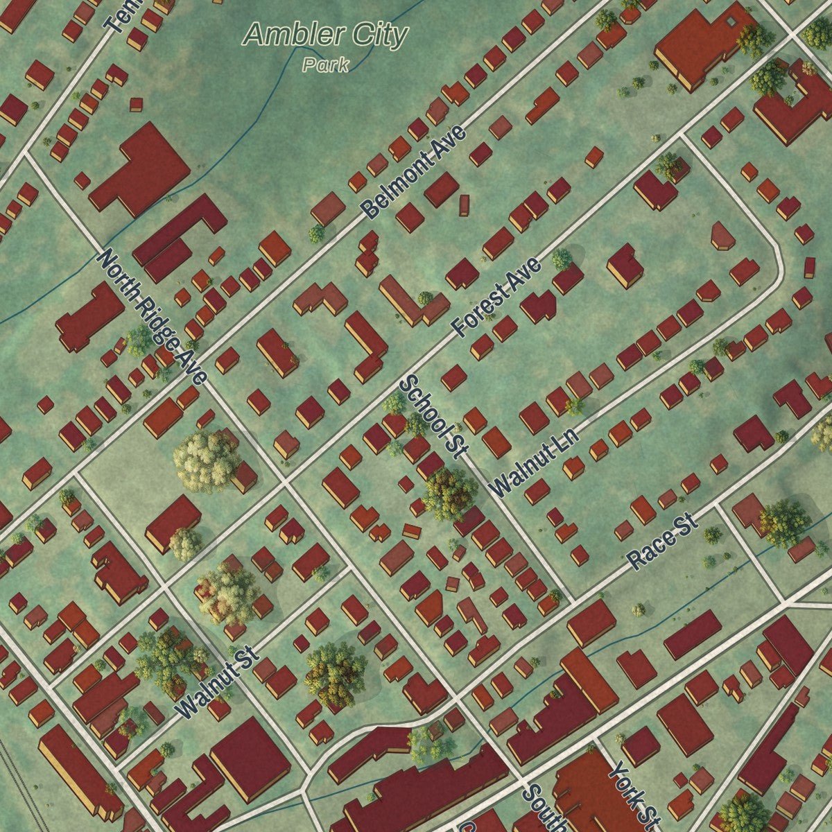 Second close-up of the map of Ambler, Pennsylvania print showing more streets and buildings