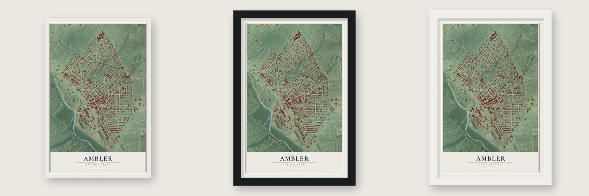 Ambler, Pennsylvania map unframed, in a black wood frame and in a white wood frame