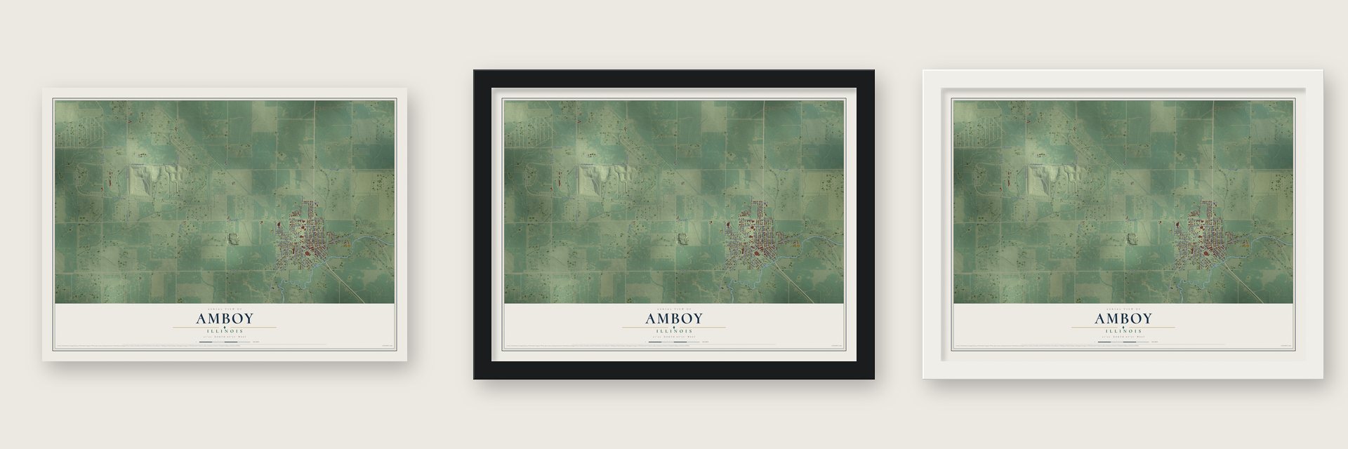 Amboy, Illinois map unframed, in a black wood frame and in a white wood frame