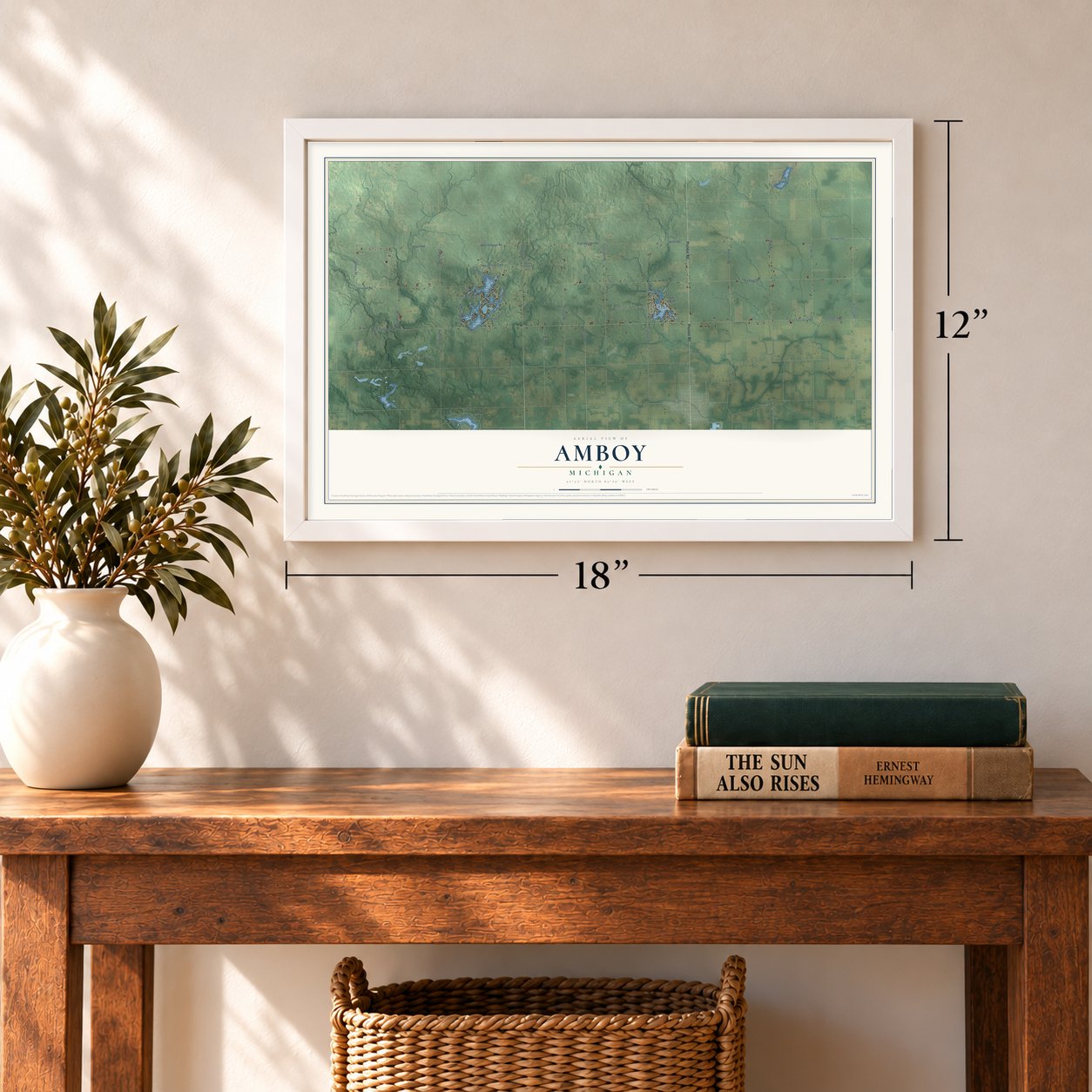 Amboy, Michigan map, 12 x 18 inch print in a white frame in an entryway