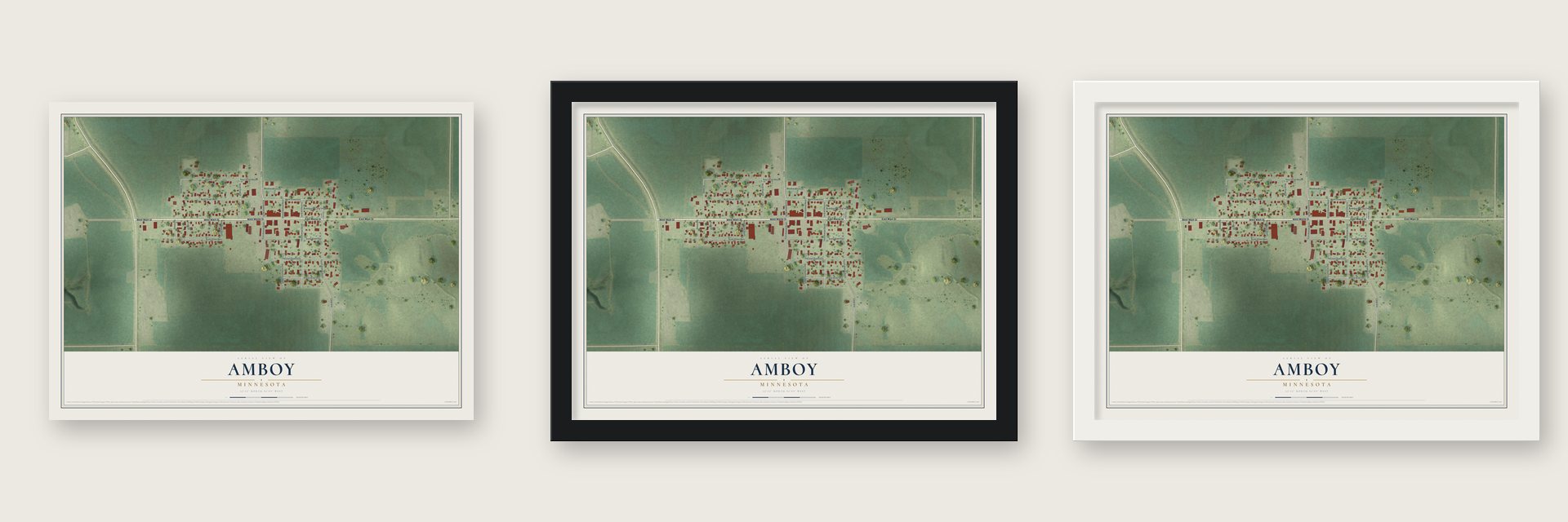 Amboy, Minnesota map unframed, in a black wood frame and in a white wood frame
