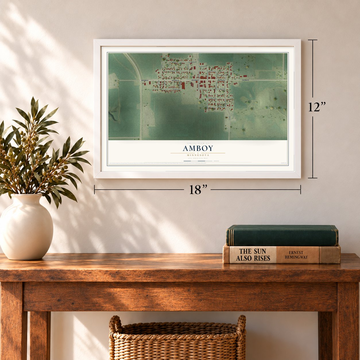 Amboy, Minnesota map, 12 x 18 inch print in a white frame in an entryway