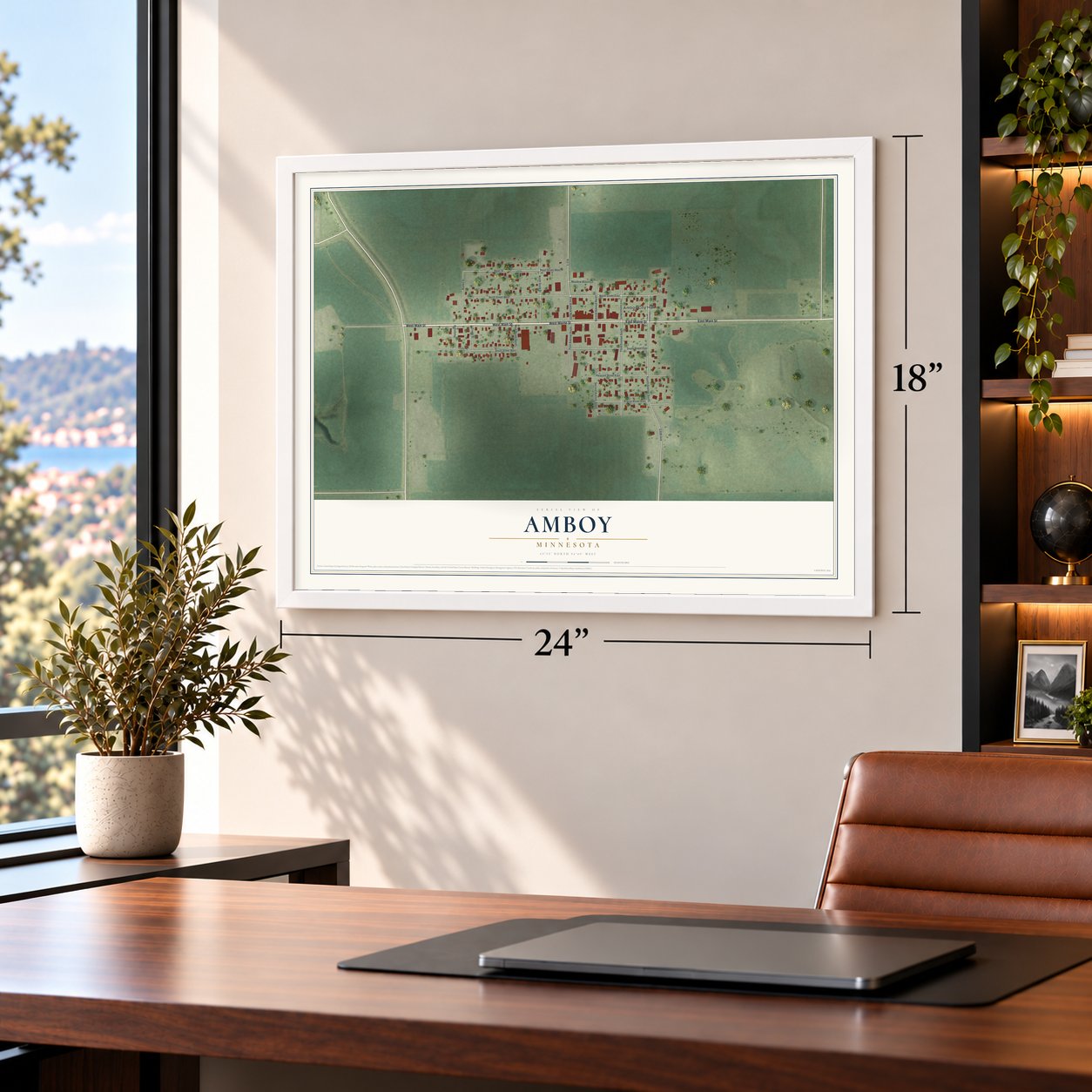 Amboy, Minnesota map, 18 x 24 inch print in a white frame in a home office