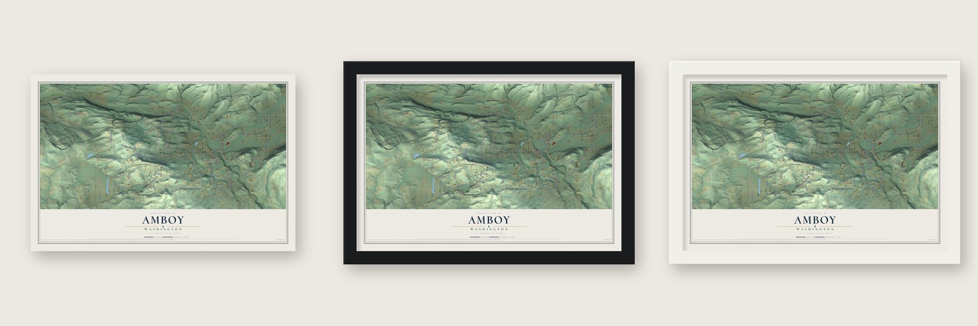 Amboy, Washington map unframed, in a black wood frame and in a white wood frame