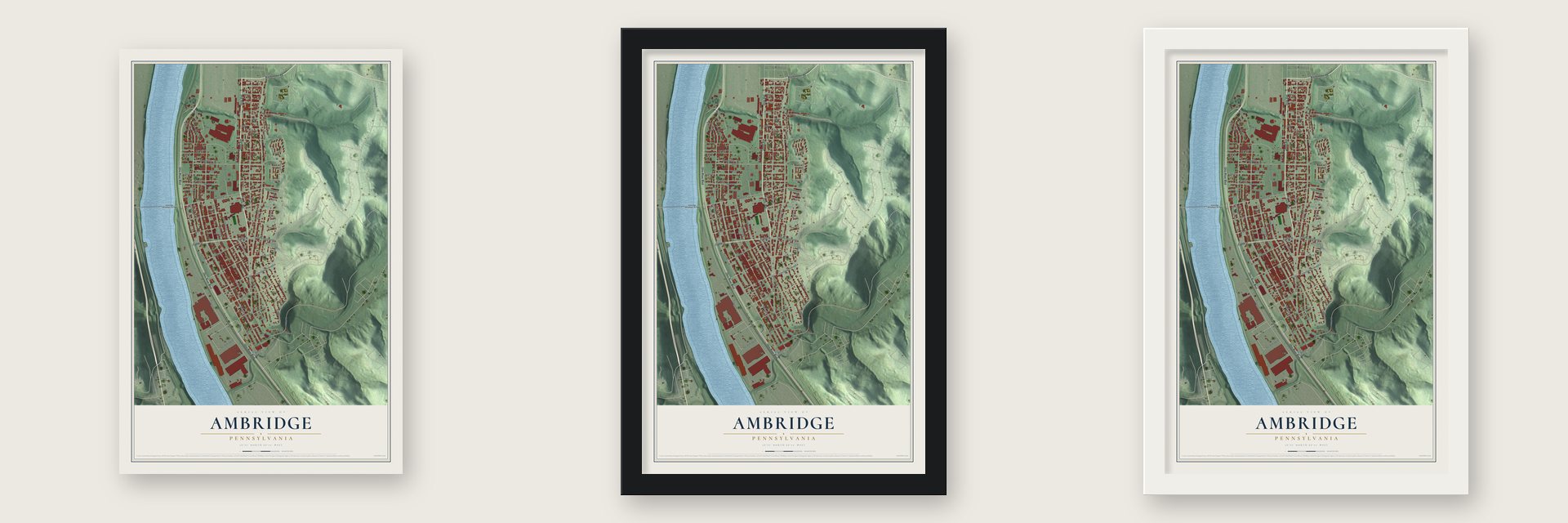 Ambridge, Pennsylvania map unframed, in a black wood frame and in a white wood frame