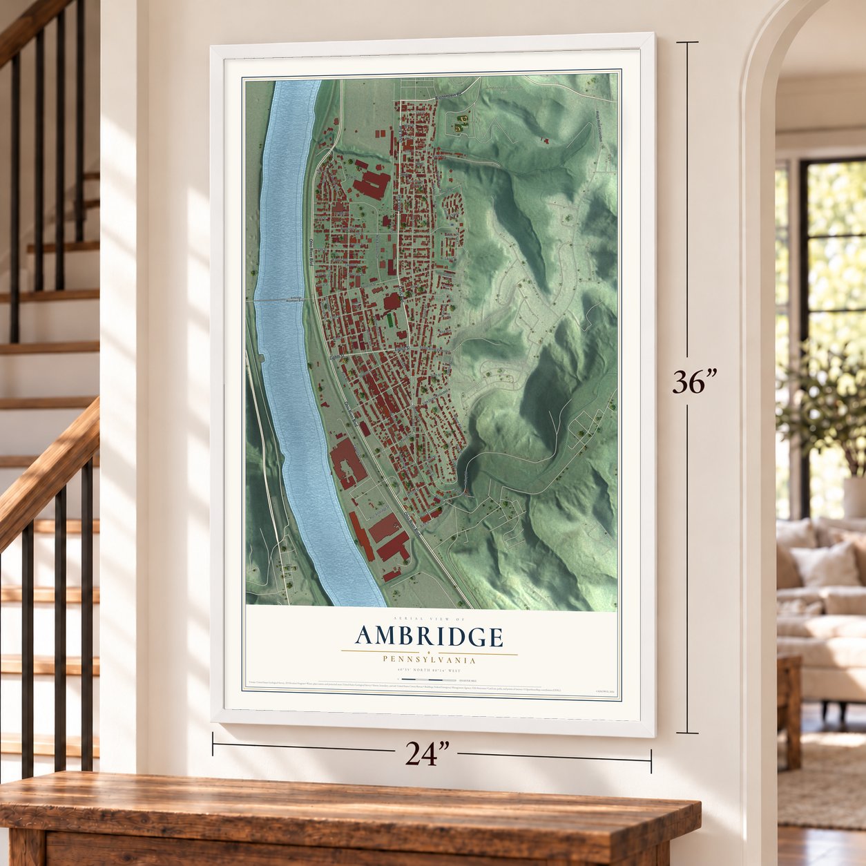 Ambridge, Pennsylvania map, 24 x 36 inch print in a white frame by a staircase