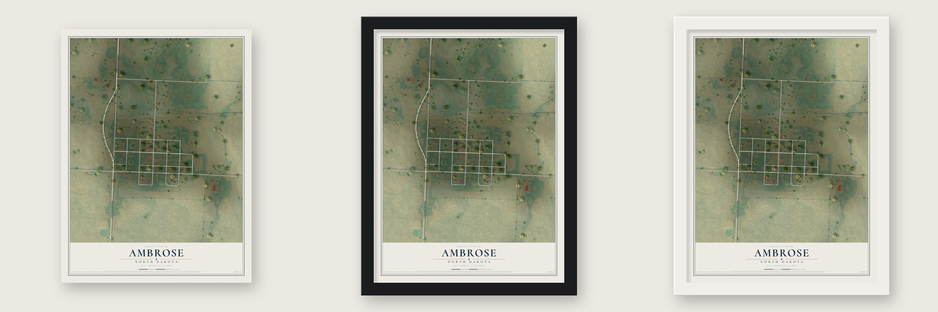 Ambrose, North Dakota map unframed, in a black wood frame and in a white wood frame