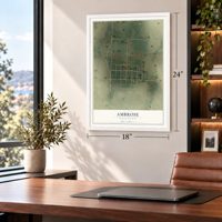 Ambrose, North Dakota map, 18 x 24 inch print in a white frame in a home office