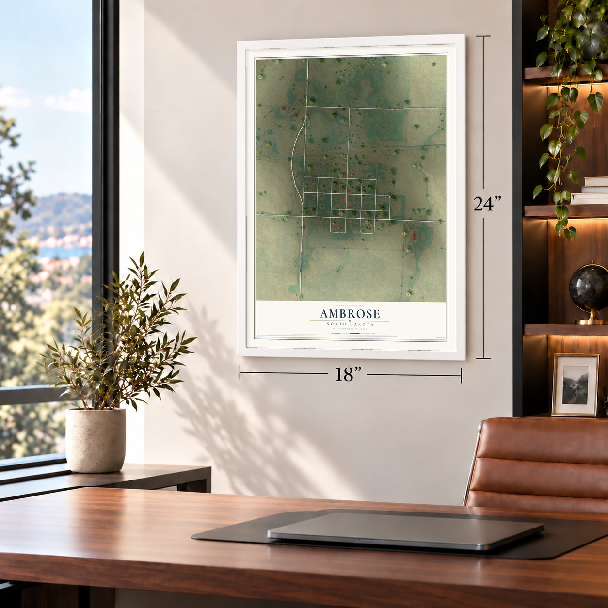Ambrose, North Dakota map, 18 x 24 inch print in a white frame in a home office