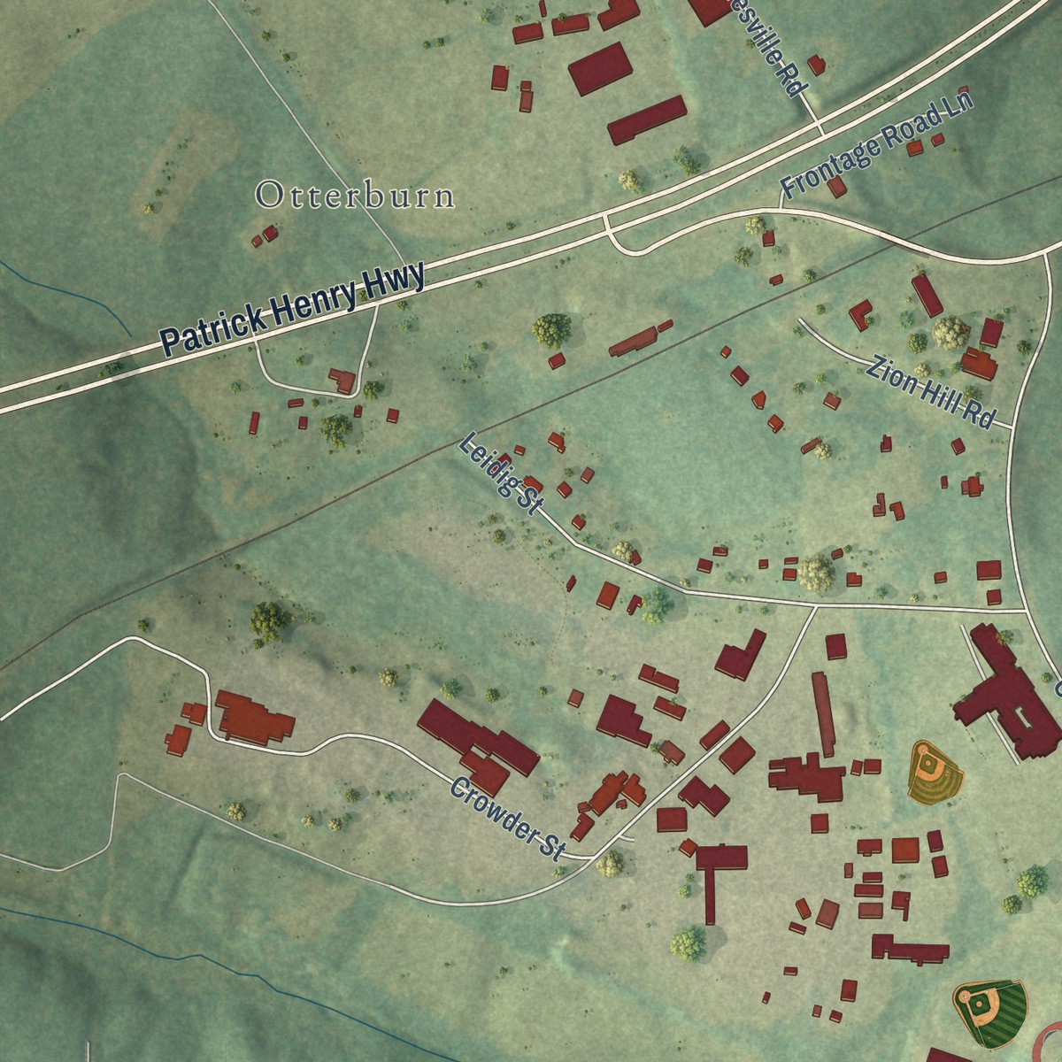 Second close-up of the map of Amelia Court House, Virginia print showing more streets and buildings