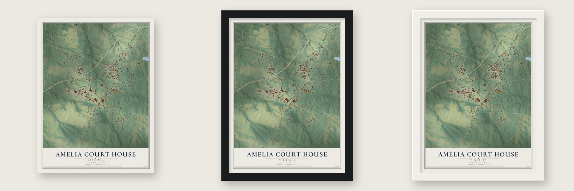 Amelia Court House, Virginia map unframed, in a black wood frame and in a white wood frame