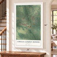 Amelia Court House, Virginia map, 24 x 36 inch print in a white frame by a staircase