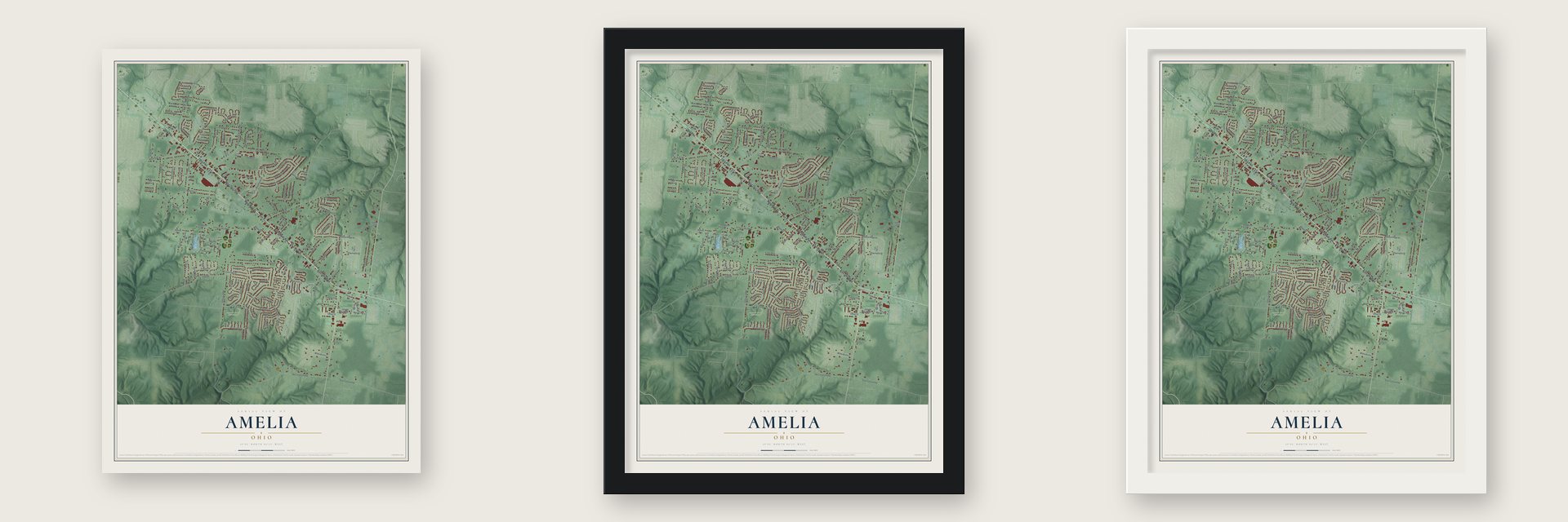 Amelia, Ohio map unframed, in a black wood frame and in a white wood frame