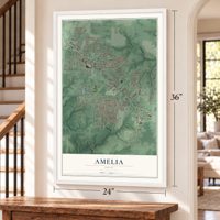 Amelia, Ohio map, 24 x 36 inch print in a white frame by a staircase