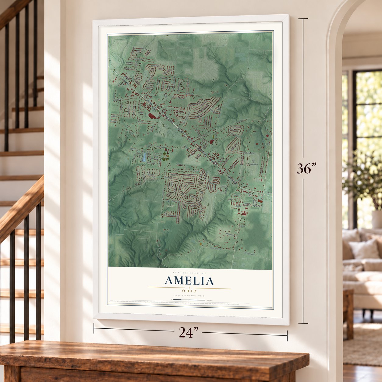 Amelia, Ohio map, 24 x 36 inch print in a white frame by a staircase