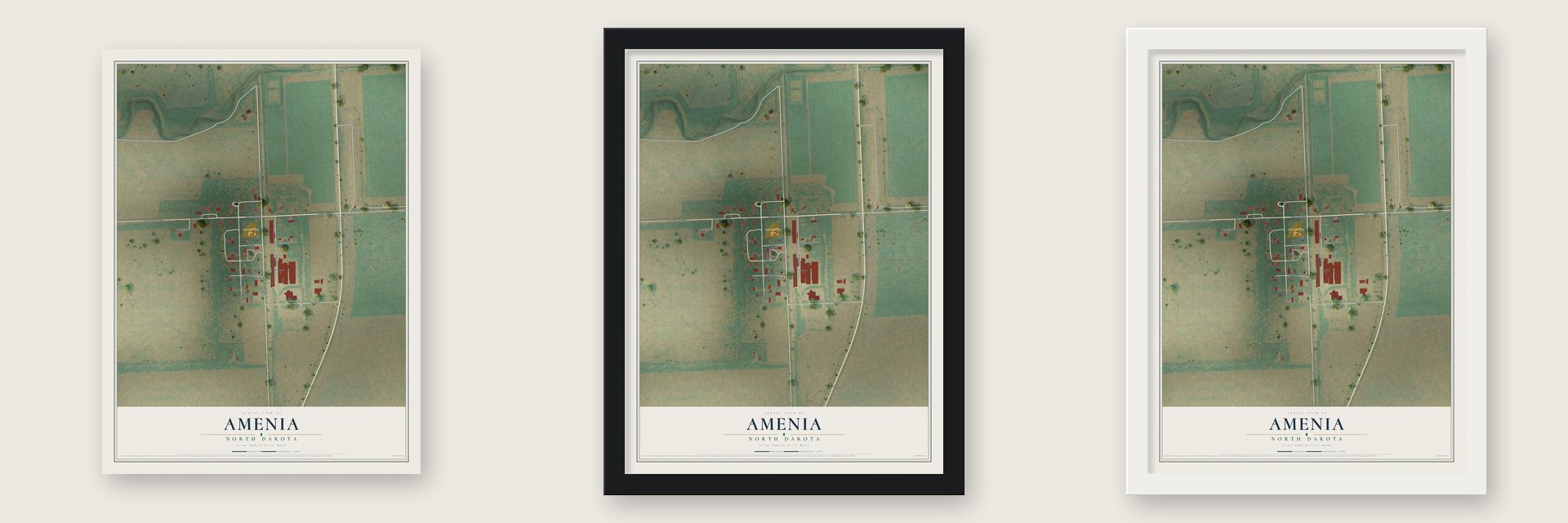 Amenia, North Dakota map unframed, in a black wood frame and in a white wood frame