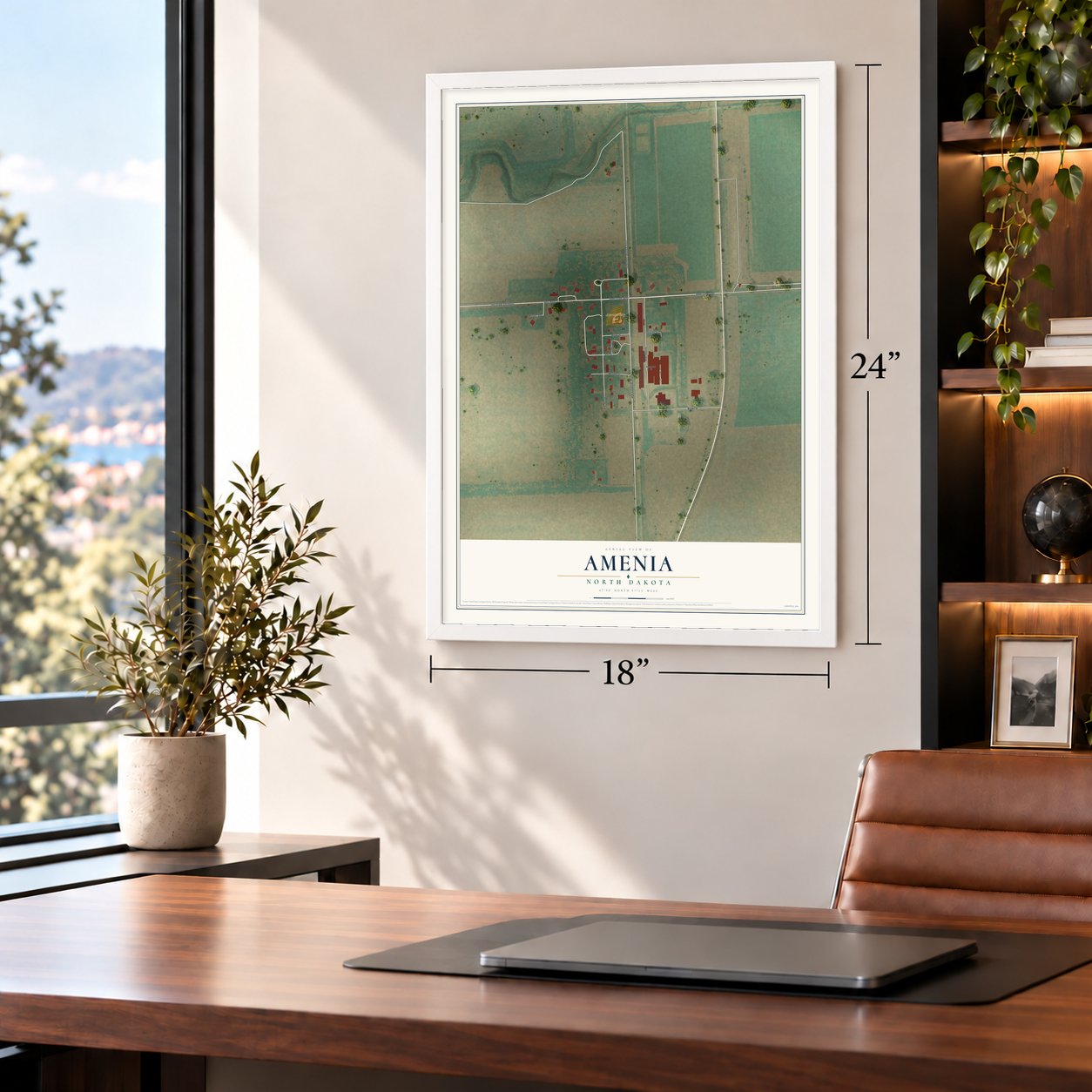 Amenia, North Dakota map, 18 x 24 inch print in a white frame in a home office