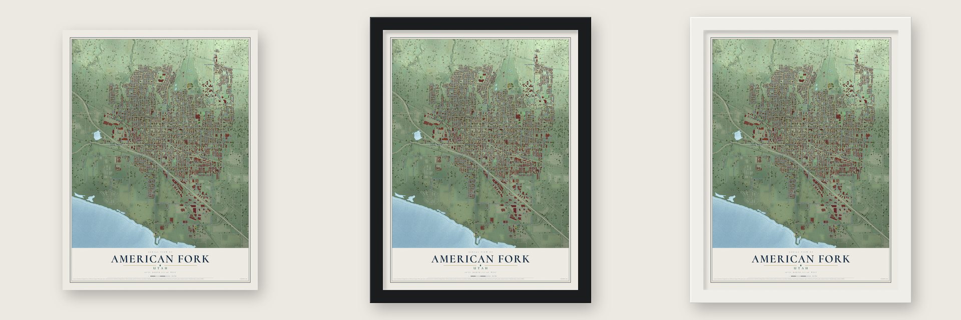 American Fork, Utah map unframed, in a black wood frame and in a white wood frame