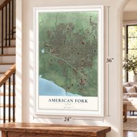 American Fork, Utah map, 24 x 36 inch print in a white frame by a staircase