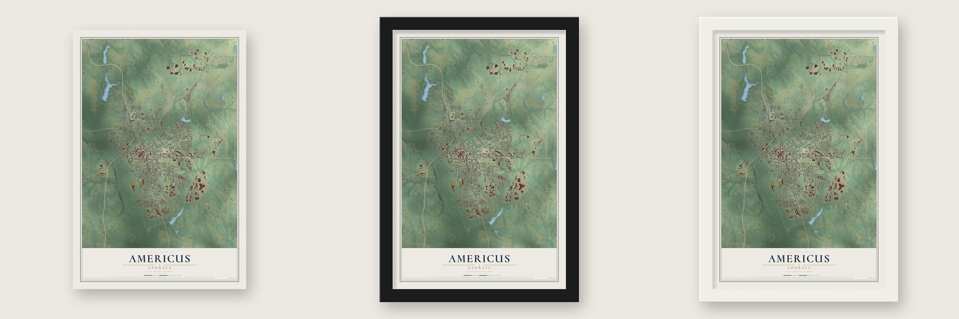 Americus, Georgia map unframed, in a black wood frame and in a white wood frame