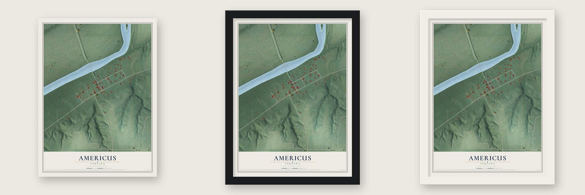 Americus, Indiana map unframed, in a black wood frame and in a white wood frame