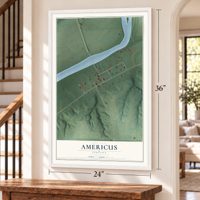 Americus, Indiana map, 24 x 36 inch print in a white frame by a staircase