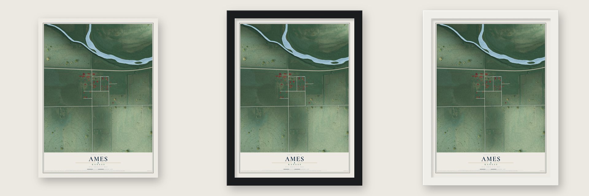 Ames, Kansas map unframed, in a black wood frame and in a white wood frame