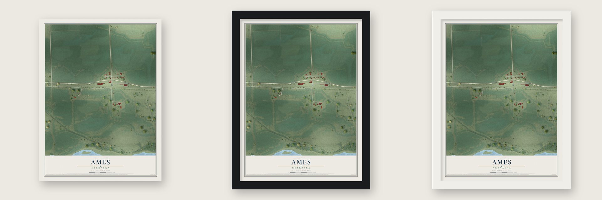Ames, Nebraska map unframed, in a black wood frame and in a white wood frame