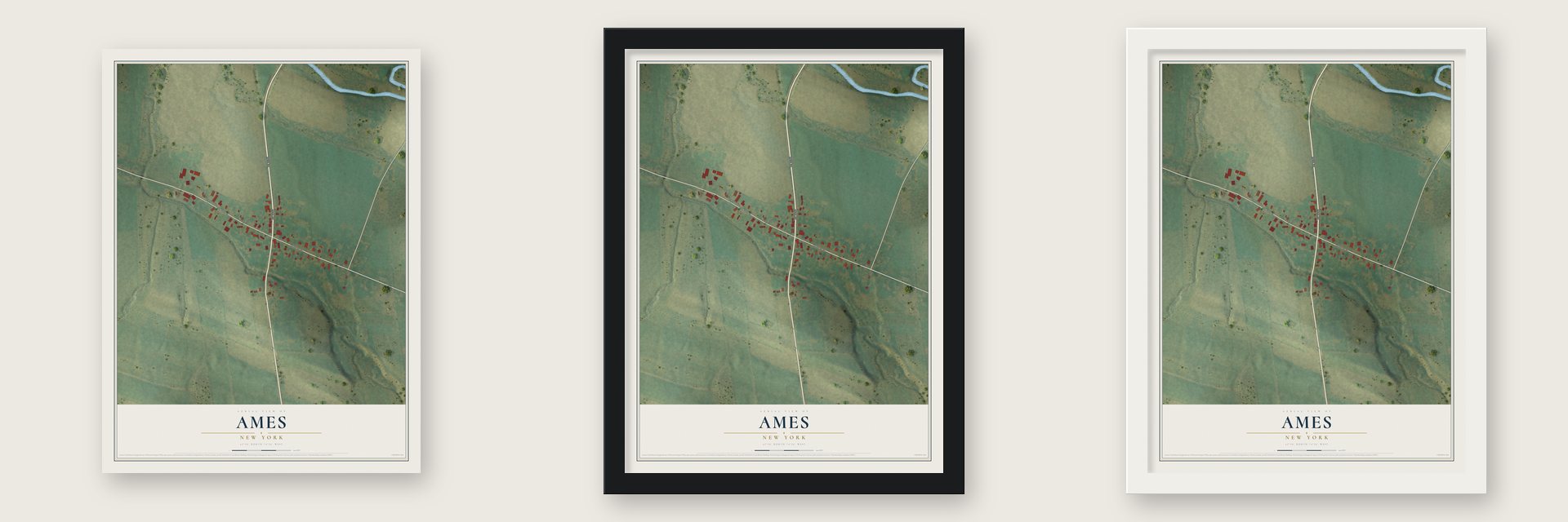 Ames, New York map unframed, in a black wood frame and in a white wood frame