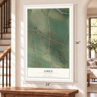 Ames, New York map, 24 x 36 inch print in a white frame by a staircase